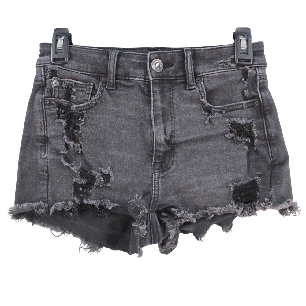American Eagle Next Level Stretch Distressed Black Denim Shorts Size 2